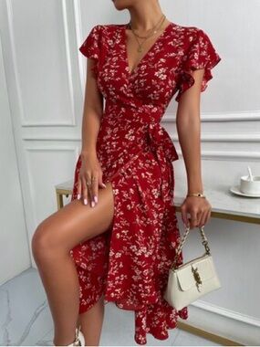 Floral Wrap Midi Dress - Red